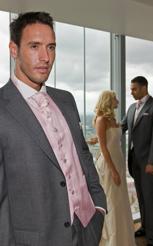 Medium Grey Informal Jacket, Medium Grey Trousers, Prestbury Pink Waistcoat, Pink Scrunch Tie and Handkerchief